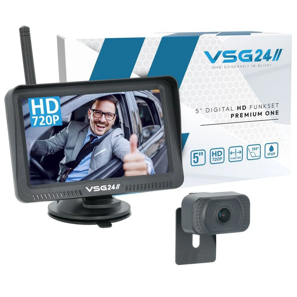 VSG24 5" FUNK-Set PREMIUM ONE HD PKW Nummernschild Monitor Rückfahrkamera 720P-HD 12-24V