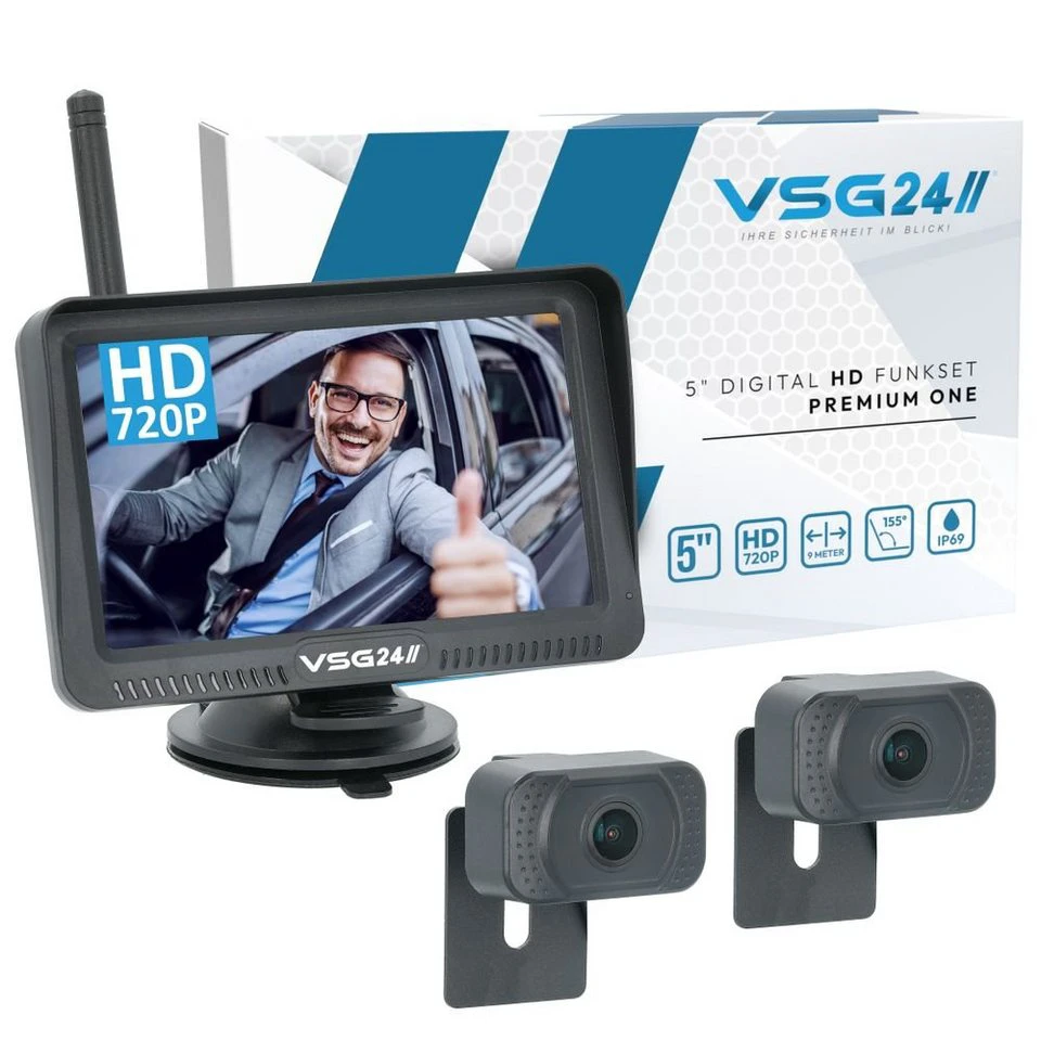 VSG24 5" FUNK-Set PREMIUM ONE HD für PKW Nummernschild inkl. Monitor 2x Rückfahrkamera 12-24V