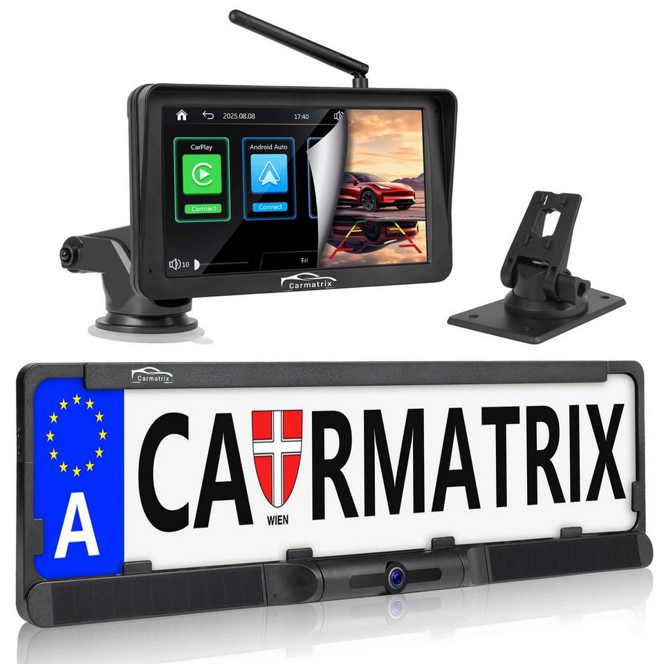 CARMATRIX WA8-7 Rückfahrkamera HD Solar Funk CarPlay Android Auto Kennzeichenhalter