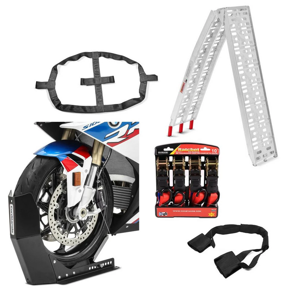 ConStands Motorrad Transportset SM14 Easy Fix mit Aluminiumrampe Alu-I und Fixiergurten