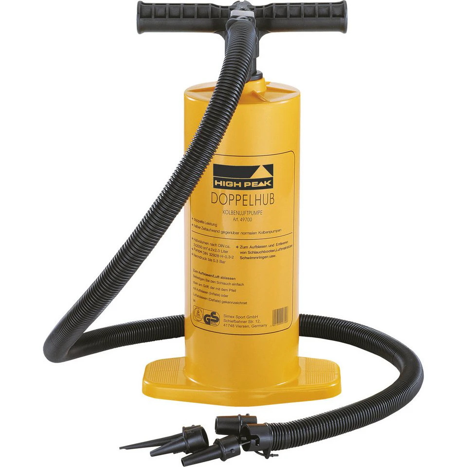 High Peak Doppelhubpumpe 49702 mit 4 Adaptern, Schlauch, 2 × 2.000 cm³