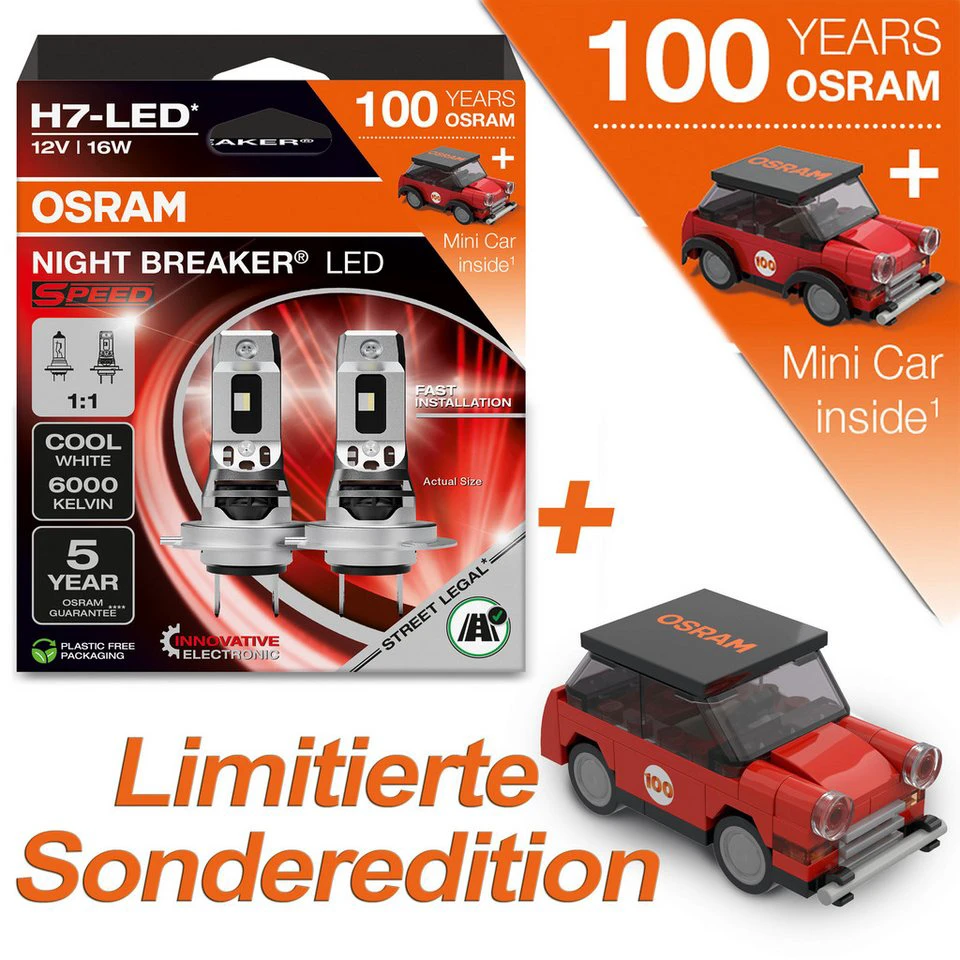 Osram H7 NIGHT BREAKER LED SPEED 2St. + 100 Jahre OSRAM JUBILÄUMS MINI CAR Kaltweiß 1:1