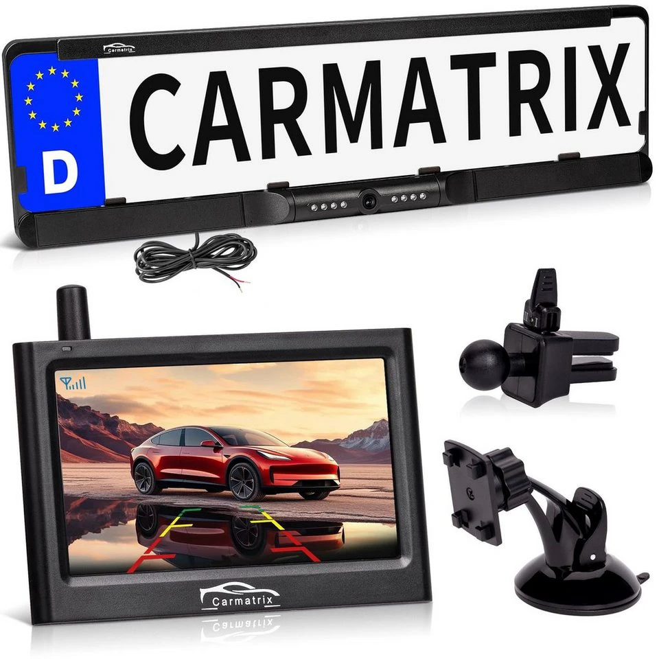 CARMATRIX Rückfahrkamera Funk Nummernschildhalter 4,3" Monitor IR-Nachtsicht