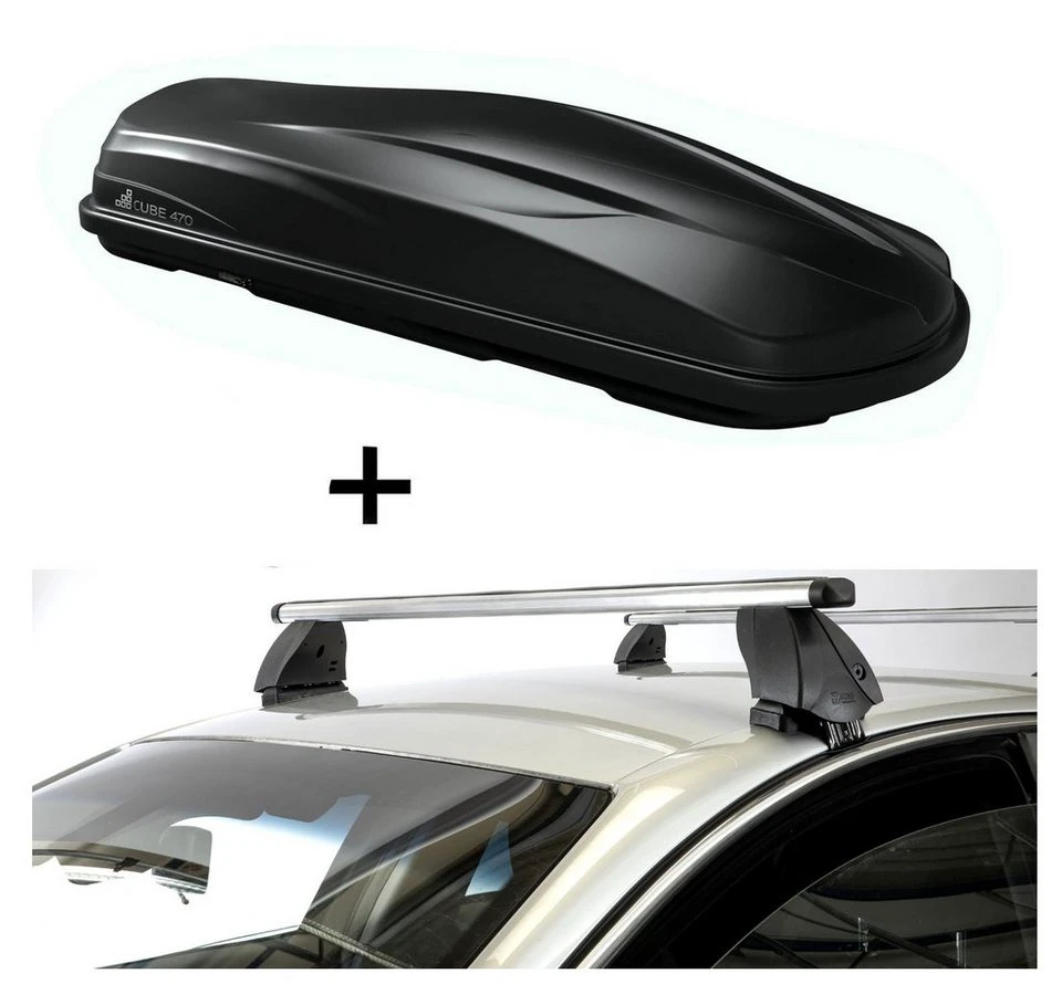 Dachbox CUBE 470 Dachträger K1 PRO Aluminium schwarz für Volkswagen Polo VI (AW) 5Türer ab 17