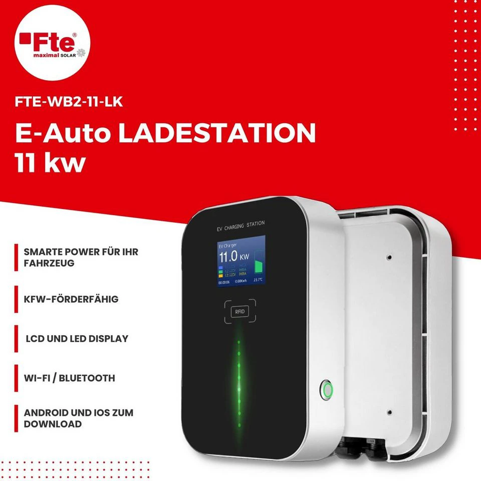 FTE Elektroauto-Ladestation Wallbox 11 kW App 6 m Kabel BT Wi-Fi 3-phasig