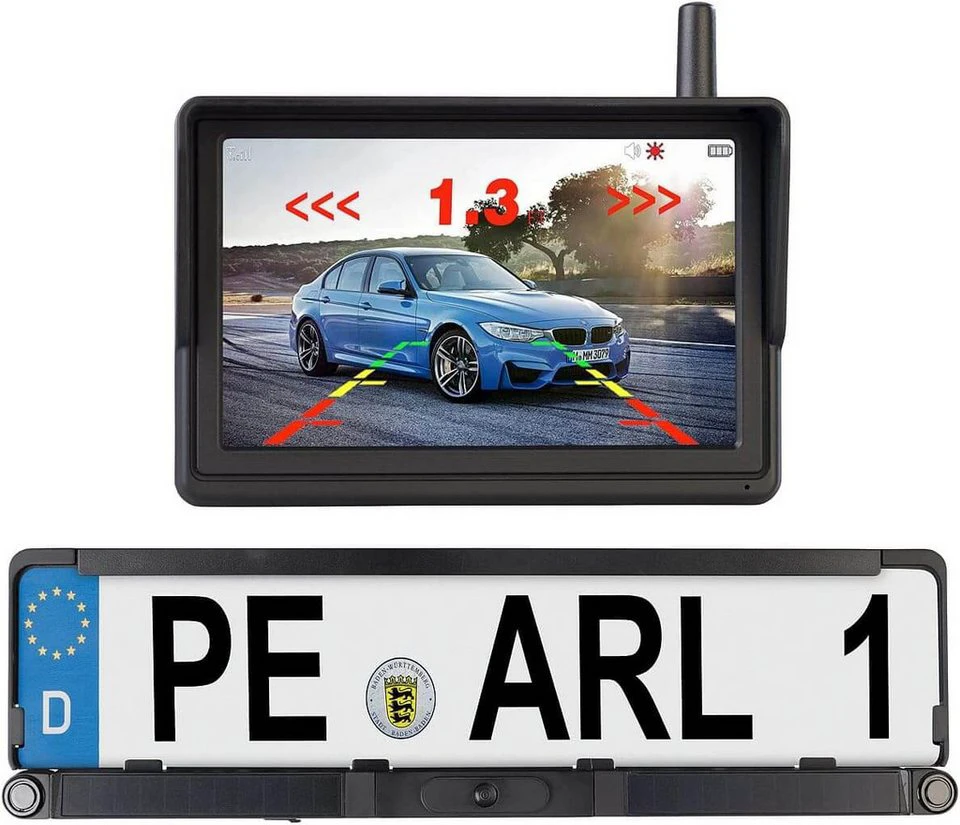 Lescars Solar-Funk-HD-Rückfahrkamera PA-720.slr mit Nummernschildhalterung und 5 Zoll Monitor