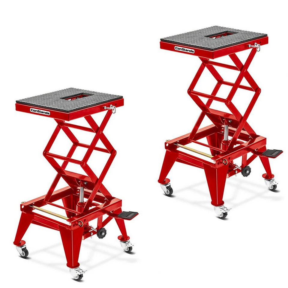 ConStands Motorradheber Cross-Lift XL 2er-Set Enduro Motocross Scherenheber rot mit Rollen