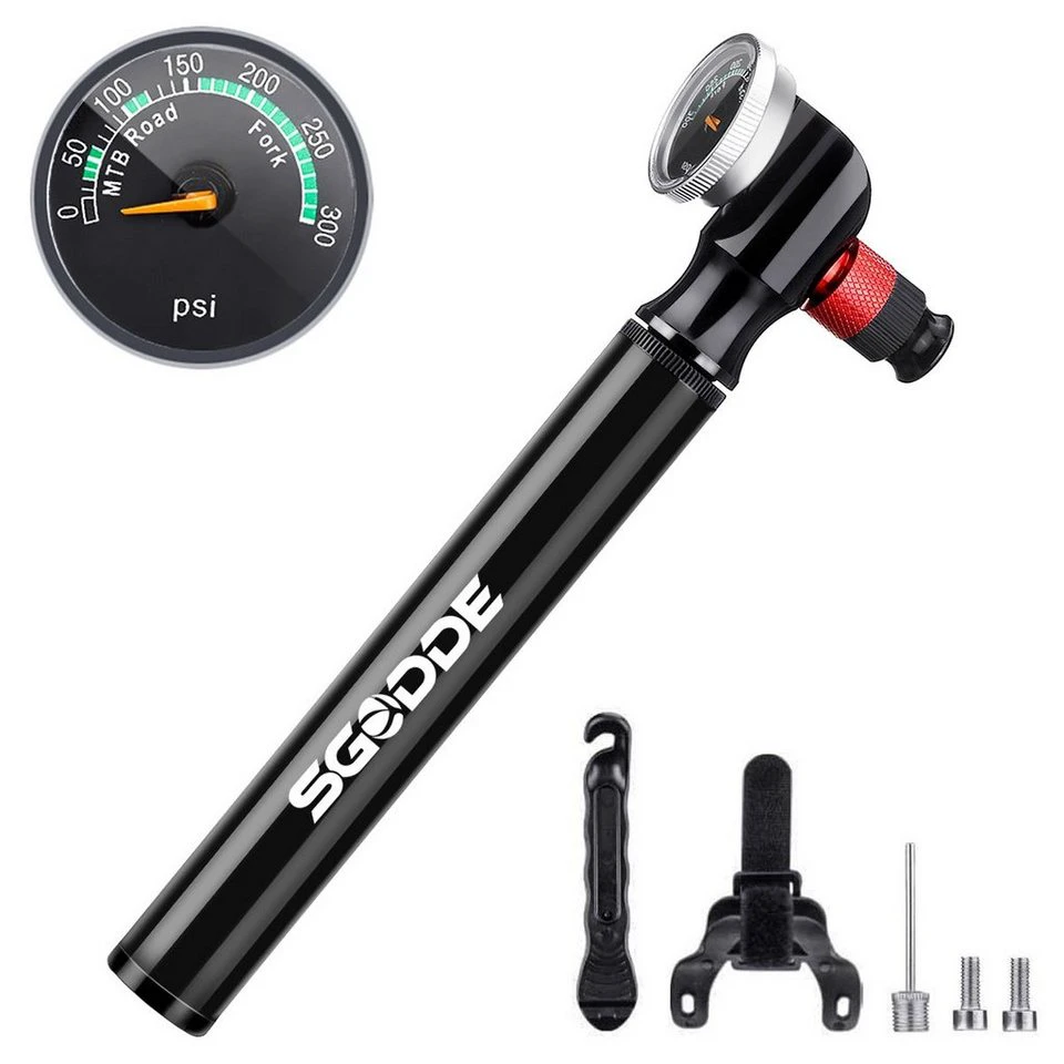 SGODDE Fahrradpumpe 300 PSI Aluminium Schwarz mit Manometer Ventiladapter