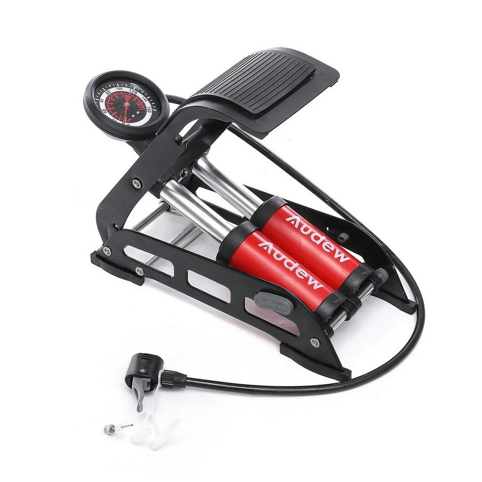 AUDEW Fußpumpe 2-Zylinder Tretluftpumpe mit Manometer 10Bar/160PSI Schwarz Rot