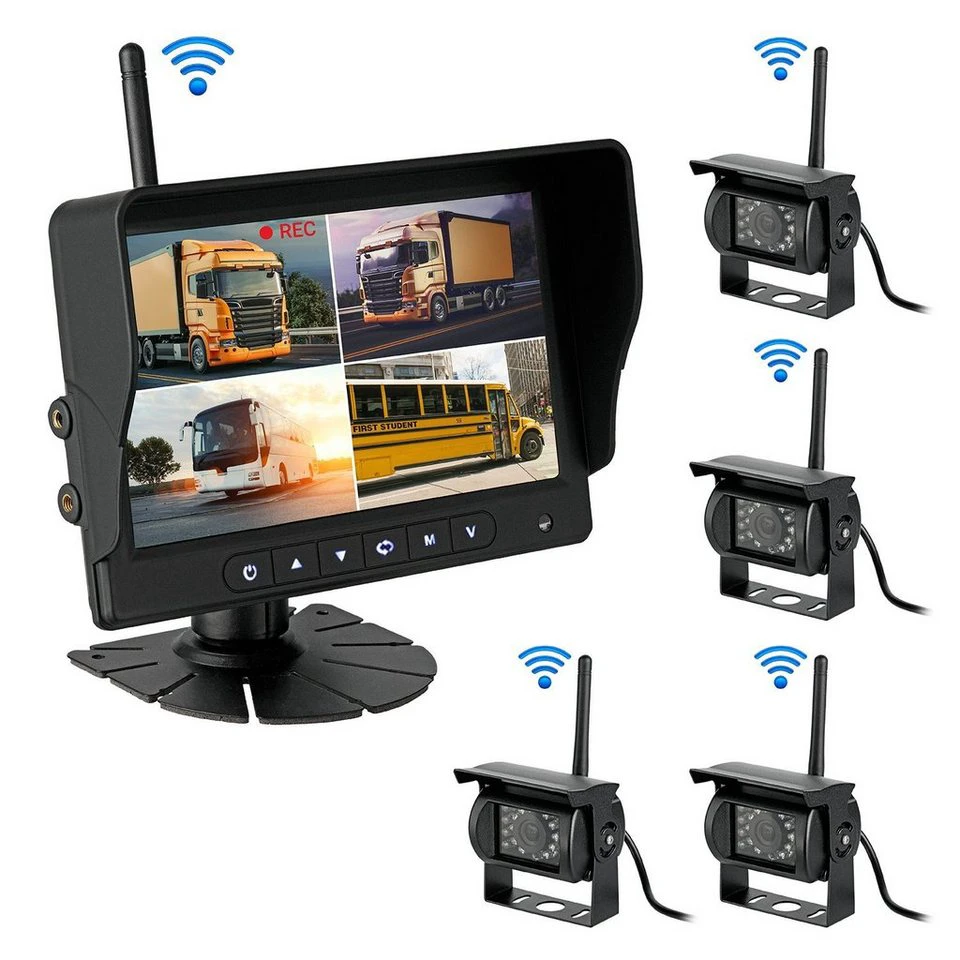 CARMATRIX BDW-710C+4 Rückfahrkamera HD Funk Rückfahrsystem 7 Zoll 4 Kanal Quad Monitor