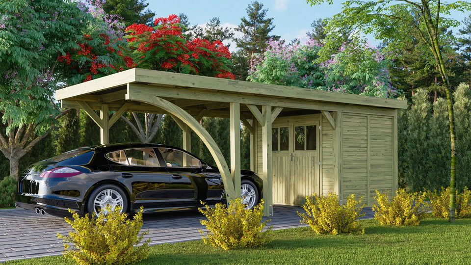 Karibu Einzelcarport Classic 2 SET PVC-Dach Variante B Einfahrtsbogen 273 x 777,5 cm 206 cm Einfahrtshöhe Massivholz