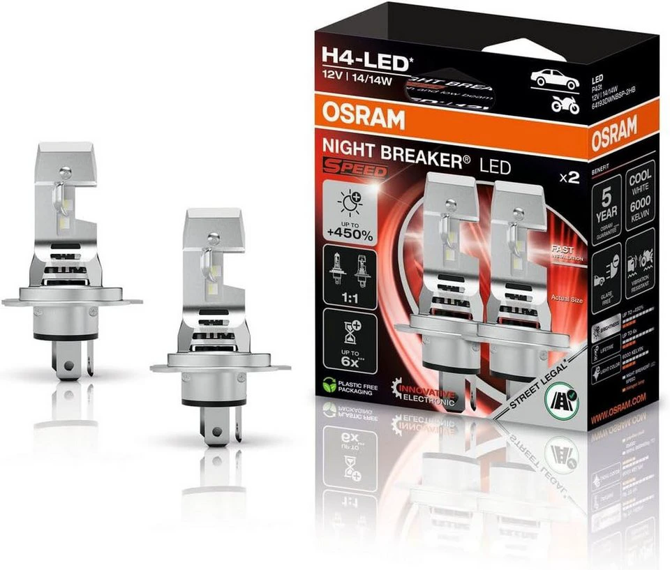 Osram H4 NIGHT BREAKER LED SPEED 450 StVZO LED-Nachrüstlampe Sockel P43t Kaltweiß 2 Stück