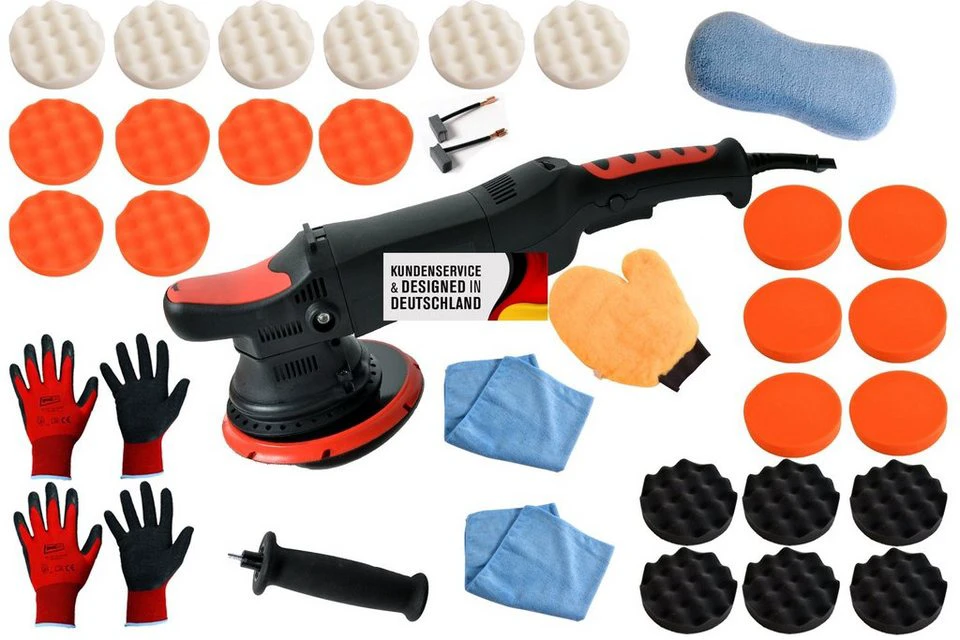 Duke-Handel Exzenter Poliermaschine 810 Watt 21 mm Hub Ø 150 mm 1650-4800 U/min Set 35 tlg.