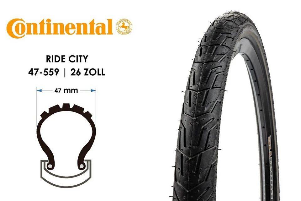 Continental RIDE City Drahtreifen 26x1.75 Zoll 47-559 Schwarz Reflexstreifen