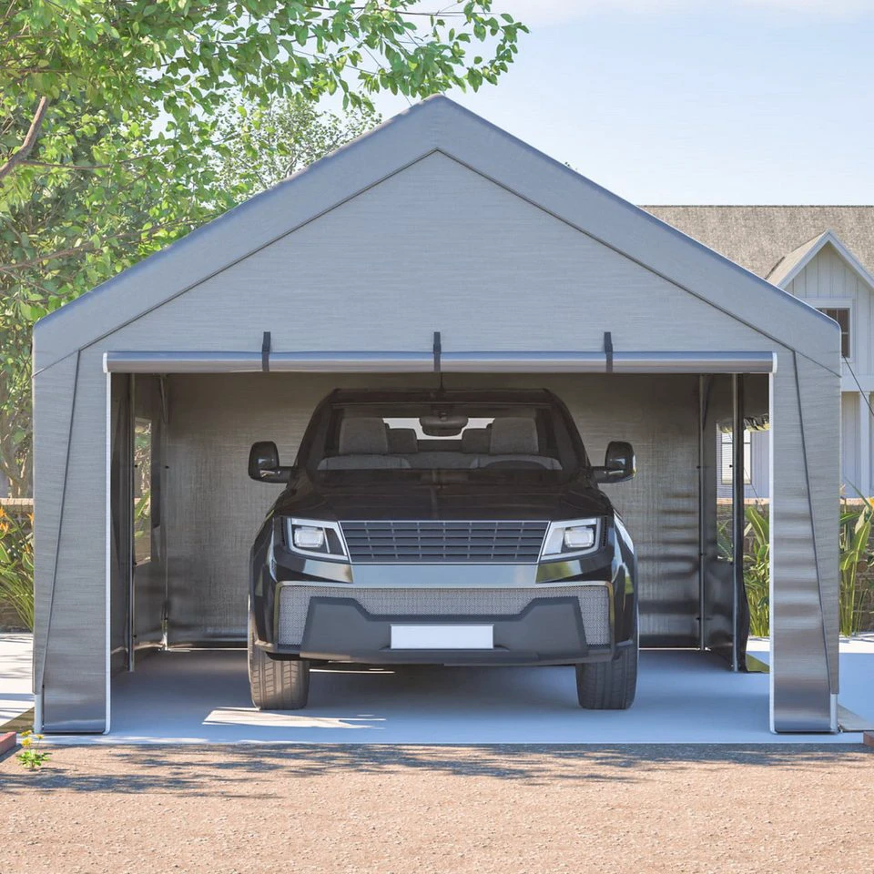 autolock Garage Tent-Garage 6x4x3 m grau mit PE-Plane, UV-Schutz und Fenstern