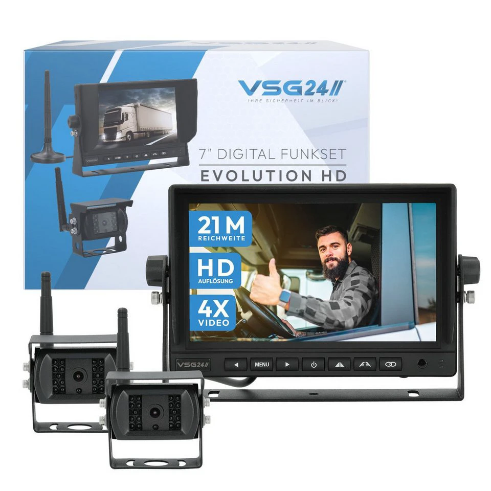 VSG24 7“ Funk Rückfahrsystem EVOLUTION HD 21 Meter Funk Übertragung 2 x Rückfahrkamera