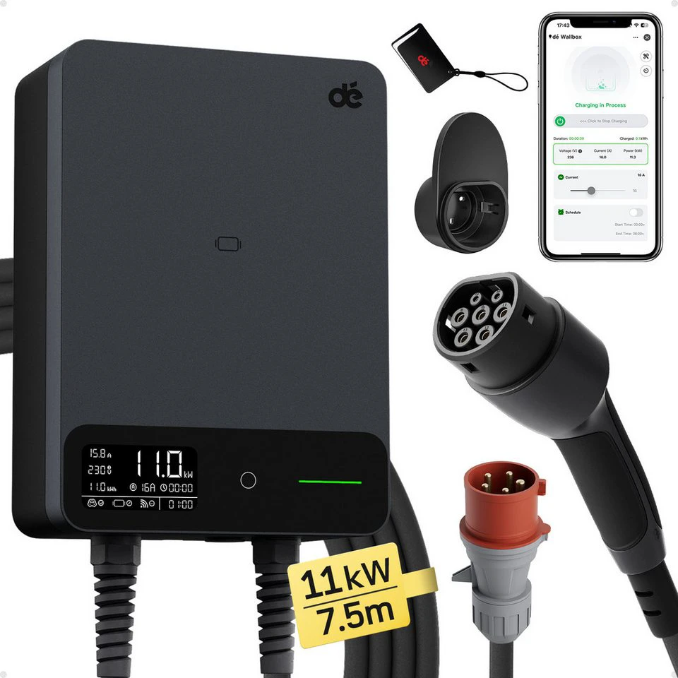 dé Elektroauto-Ladestation Typ 2 Wallbox 11 kW mit App und RFID 7 m