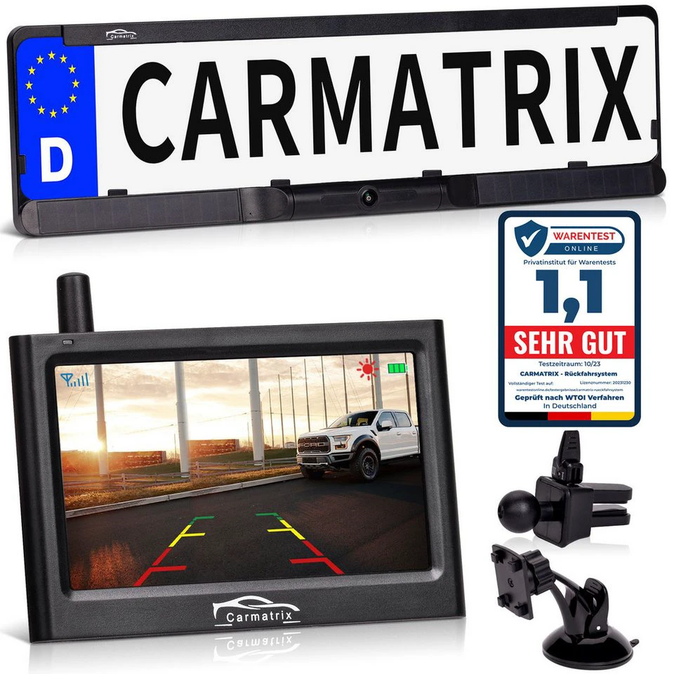 CARMATRIX Solar 1 Rückfahrkamera kabellos im Kennzeichenhalter mit Solarpanel Akku