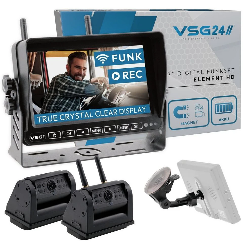 VSG24 7“ Funk Rückfahrsystem ELEMENT HD mit AKKU & Magnet, 2 x Rückfahrkamera, 2,4 GHz