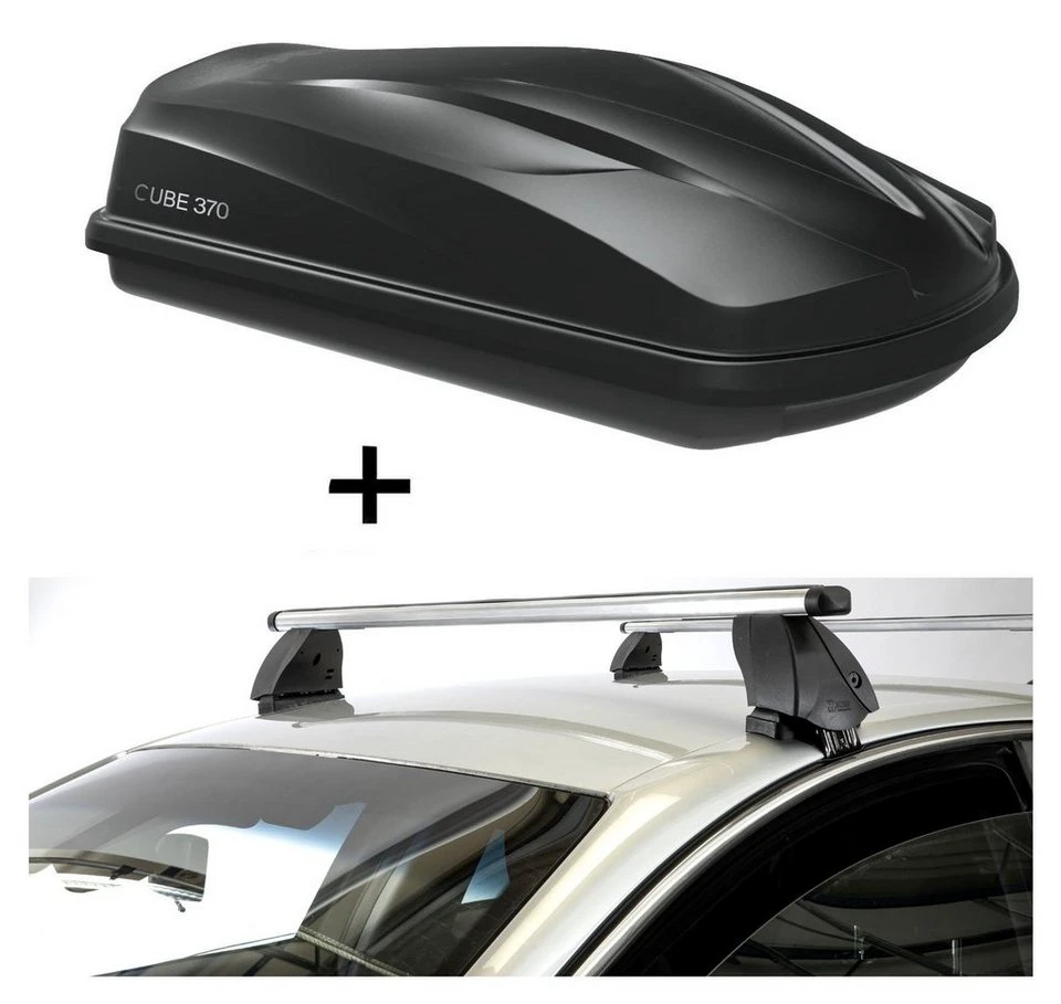 CUBE370 Dachbox 370 Liter schwarz + K1 PRO Aluminium Dachträger Ford Fiesta VI 5-Türer 08-17