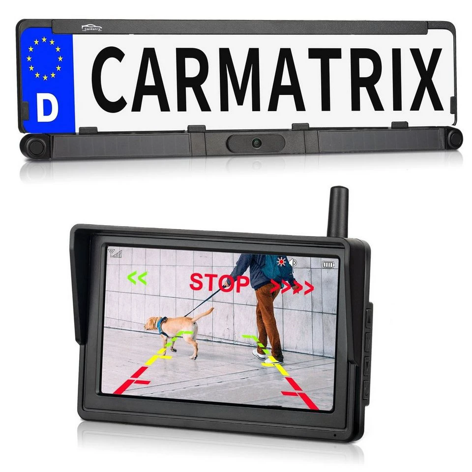 CARMATRIX Premium Solar 2 Rückfahrkamera mit 2 PDC Sensoren Kennzeichenhalter Funk HD 170°