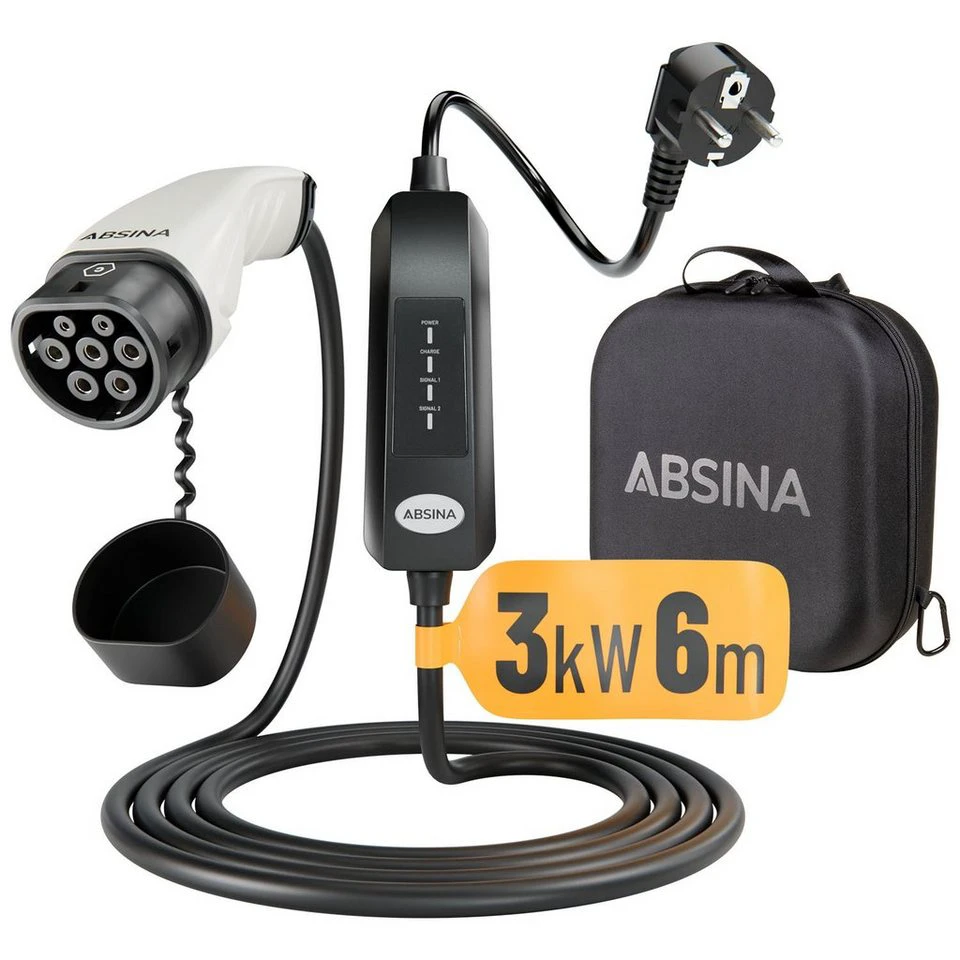ABSINA Elektroauto Ladekabel Typ 2 Mode 2 Schuko 6 Meter 1-phasig 3kW 13A