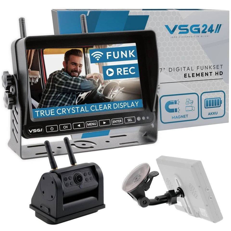 VSG24 7“ Funk Rückfahrsystem ELEMENT HD mit Akku Magnet 720P 2,4 GHz 21 Meter